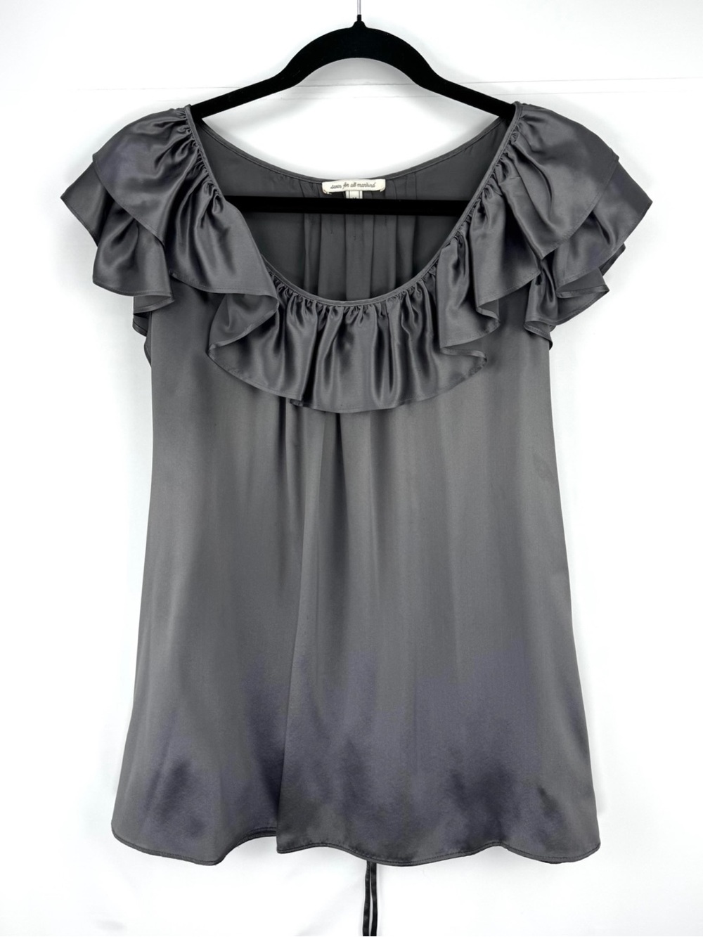 Ruffled Scoop Neck 100% Silk Gray Full Length Top